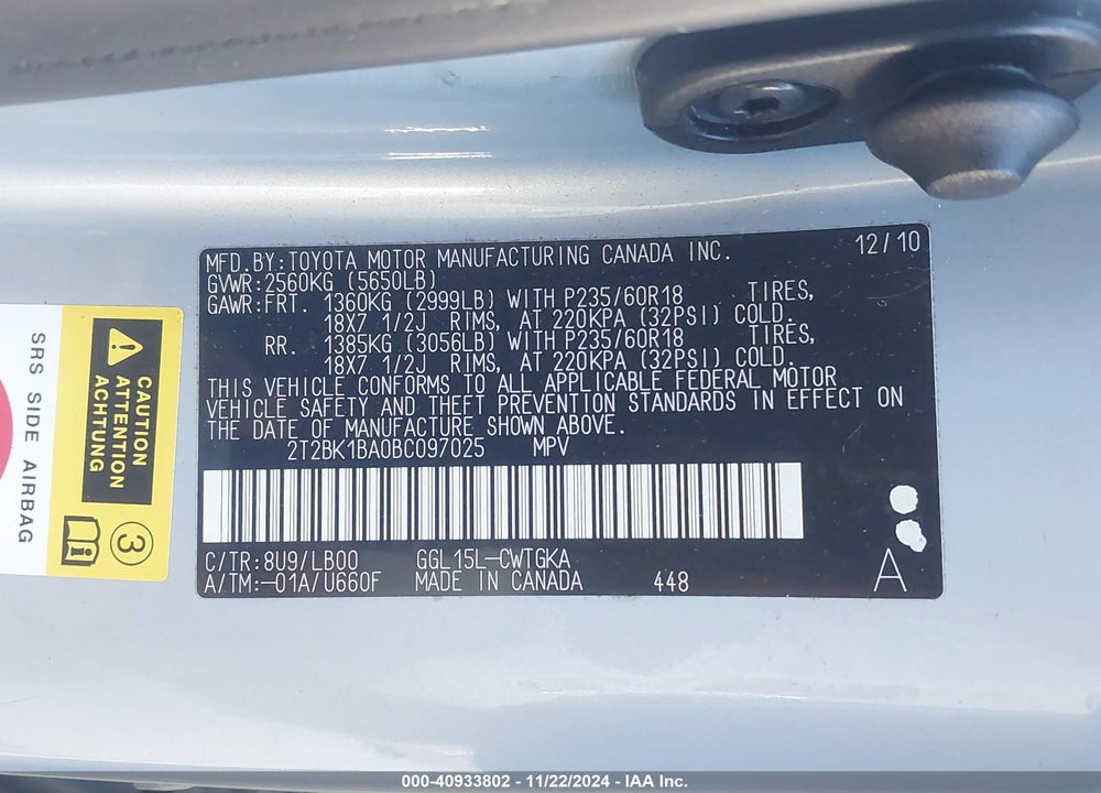 2011 LEXUS RX 350 VIN: 2T2BK1BA0BC097025