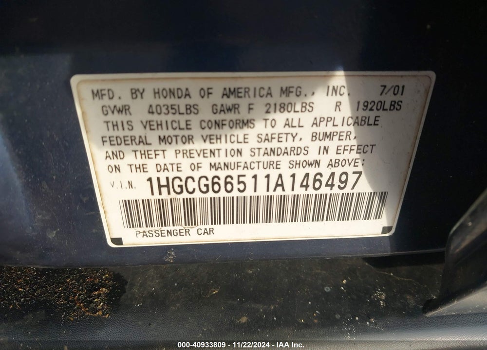 2001 HONDA ACCORD 2.3 LX VIN: 1HGCG66511A146497