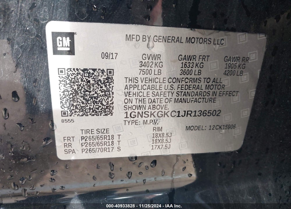 2018 CHEVROLET SUBURBAN LS VIN: 1GNSKGKC1JR136502