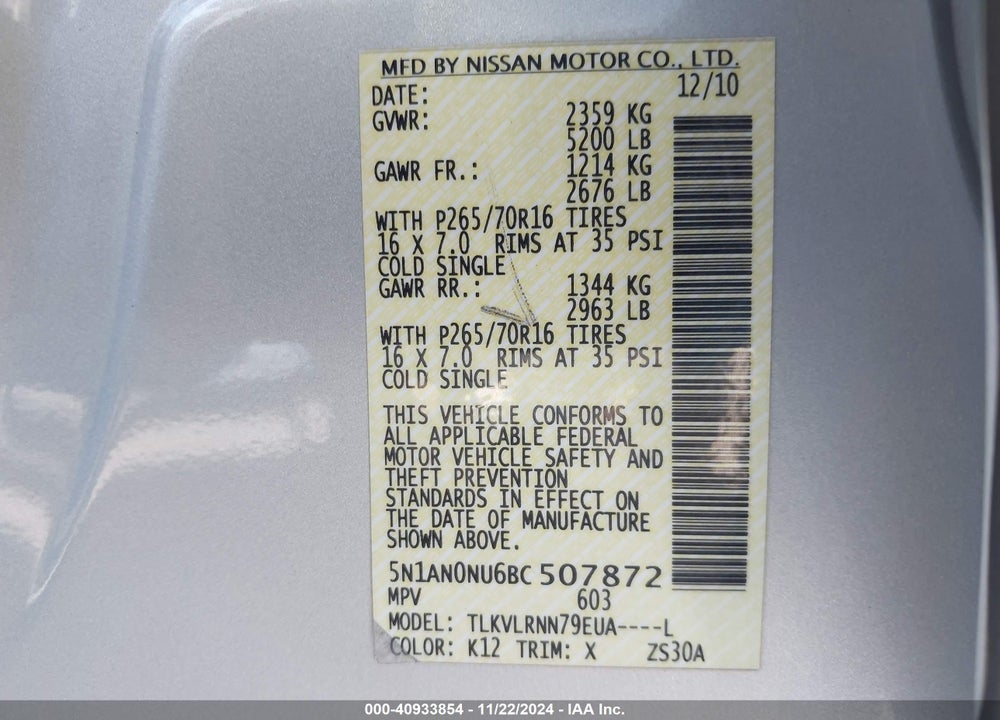 2011 NISSAN XTERRA S VIN: 5N1AN0NU6BC507872