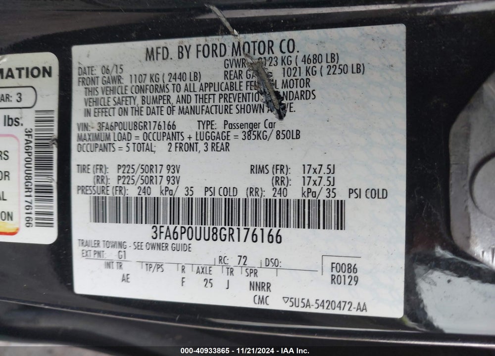 2016 FORD FUSION HYBRID S VIN: 3FA6P0UU8GR176166