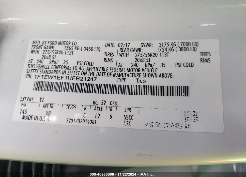2017 FORD F150 VIN: 1FTEW1EF1HFB21247