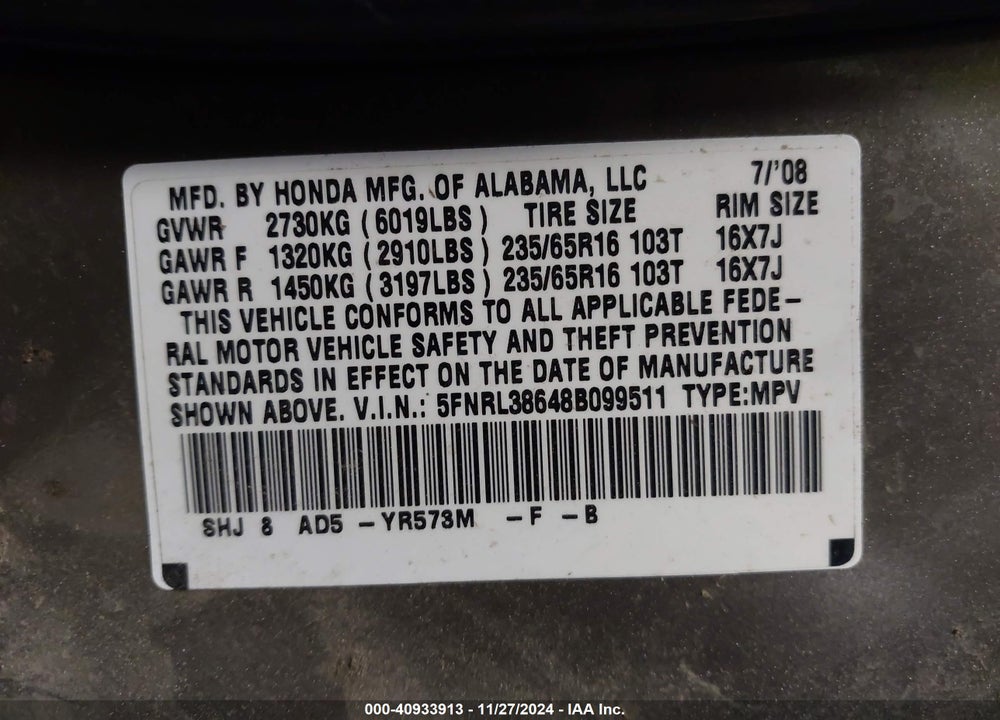 2008 HONDA ODYSSEY EX-L VIN: 5FNRL38648B099511
