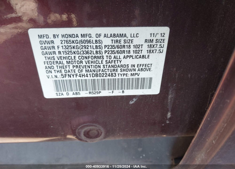 2013 HONDA PILOT EX VIN: 5FNYF4H41DB022483