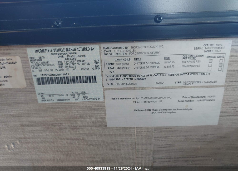 2020 FORD F53 VIN: 1F65F5DN8L0A11021