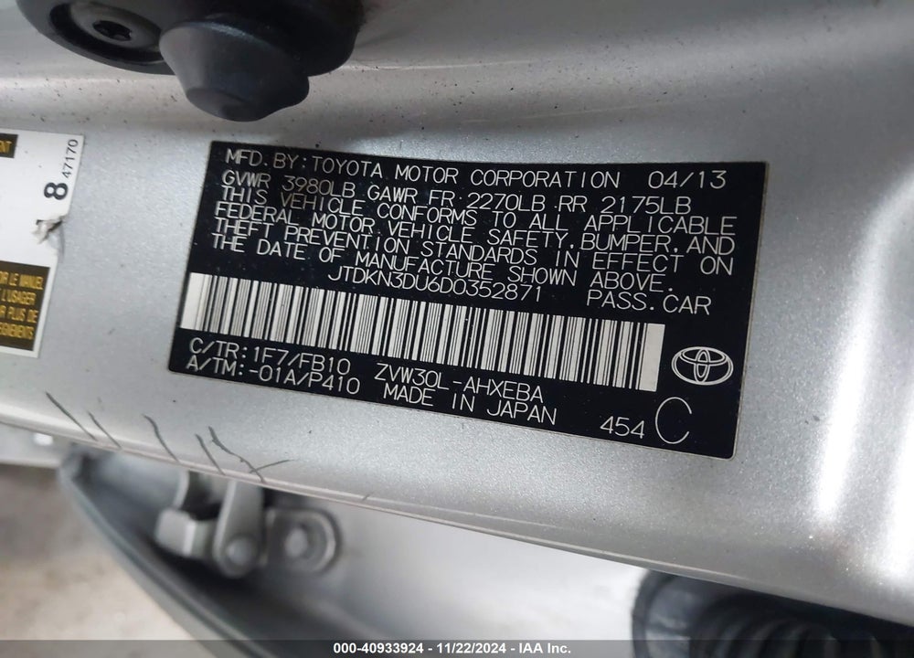 2013 TOYOTA PRIUS TWO VIN: JTDKN3DU6D0352871