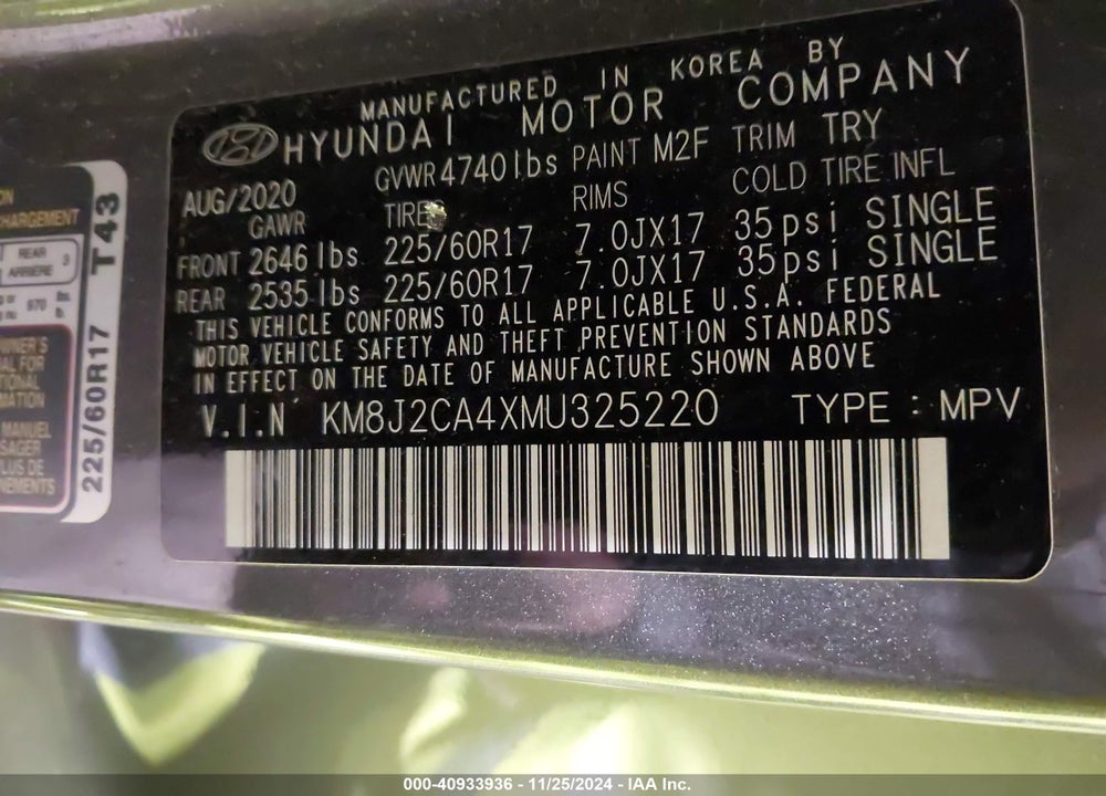 2021 HYUNDAI TUCSON SE VIN: KM8J2CA4XMU325220