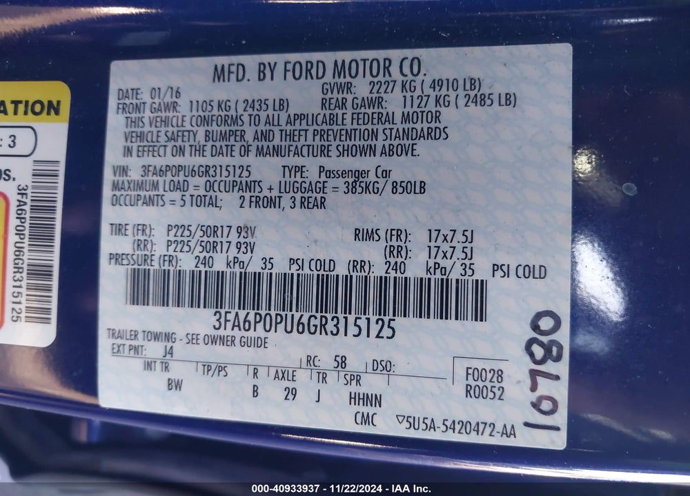 2016 FORD FUSION ENERGI SE LUXURY VIN: 3FA6P0PU6GR315125