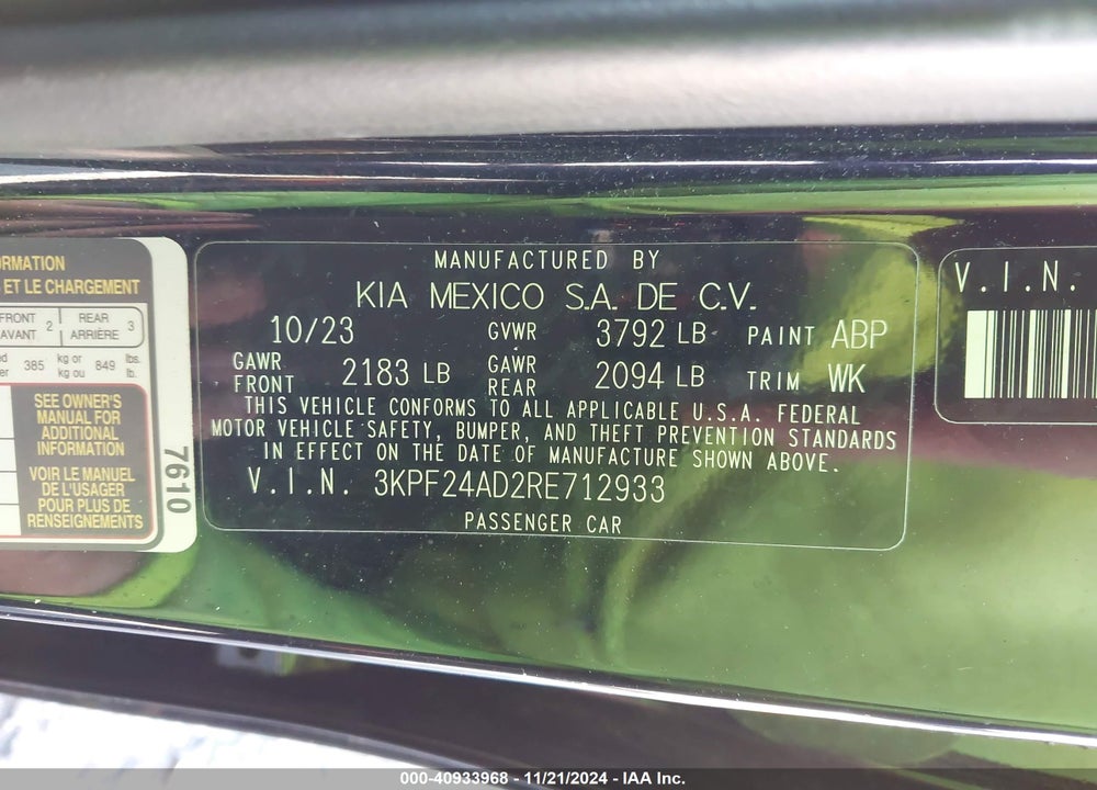 2024 KIA FORTE LXS VIN: 3KPF24AD2RE712933
