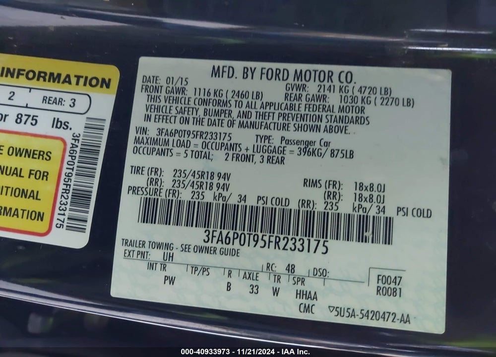 2015 FORD FUSION SE VIN: 3FA6P0T95FR233175