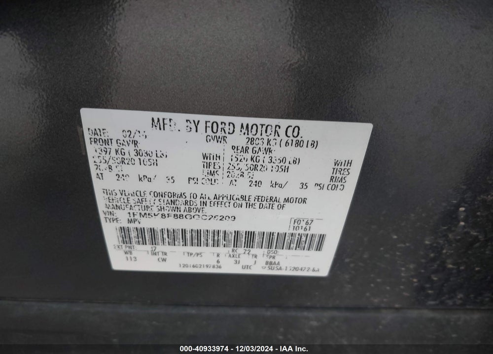 2016 FORD EXPLORER LIMITED VIN: 1FM5K8F88GGC25209