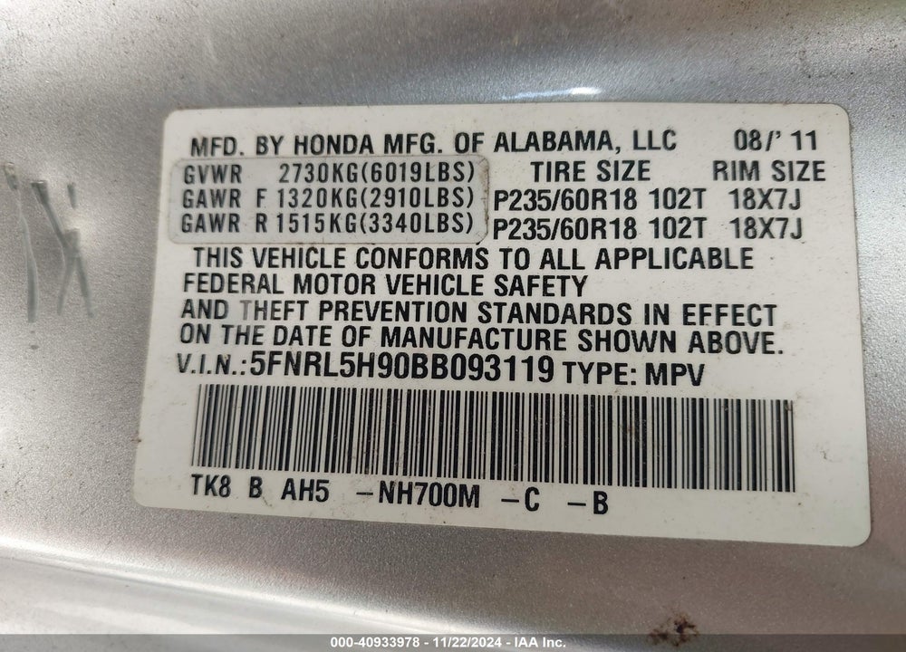 2011 HONDA ODYSSEY TOURING/TOURING ELITE VIN: 5FNRL5H90BB093119