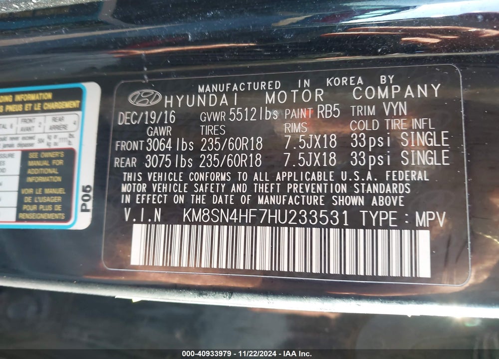 2017 HYUNDAI SANTA FE LIMITED VIN: KM8SN4HF7HU233531