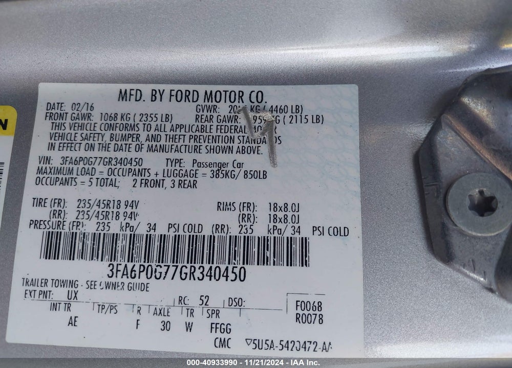 2016 FORD FUSION S VIN: 3FA6P0G77GR340450