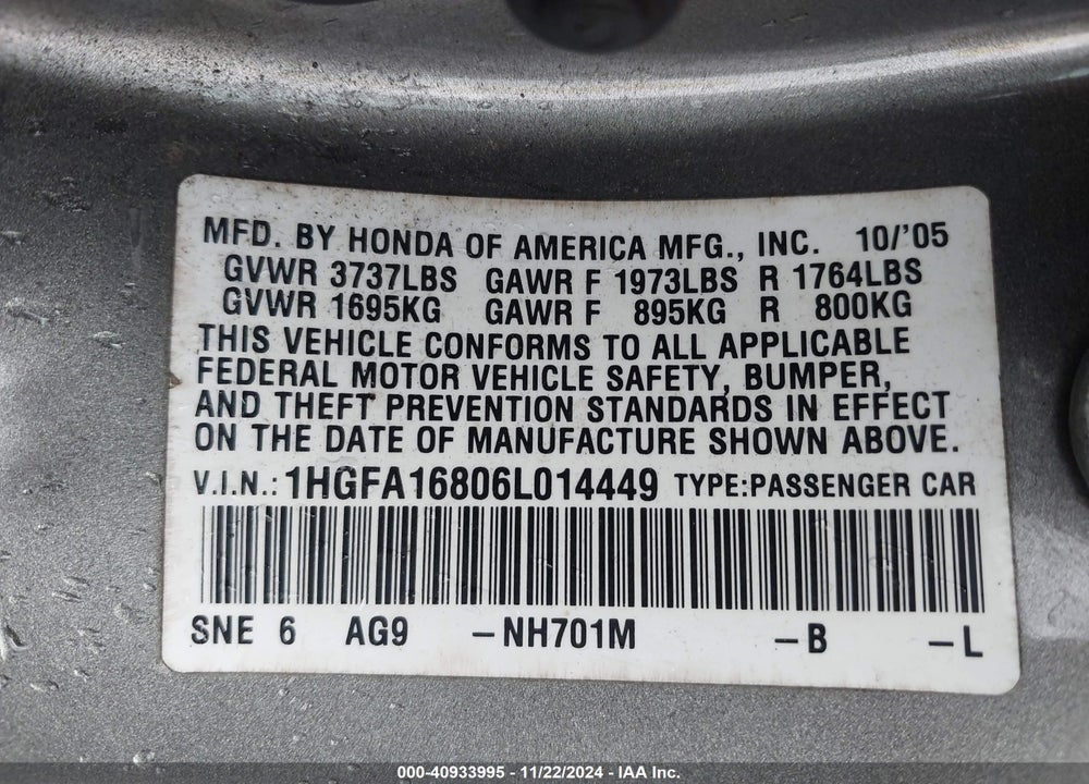 2006 HONDA CIVIC VIN: 1HGFA16806L014449