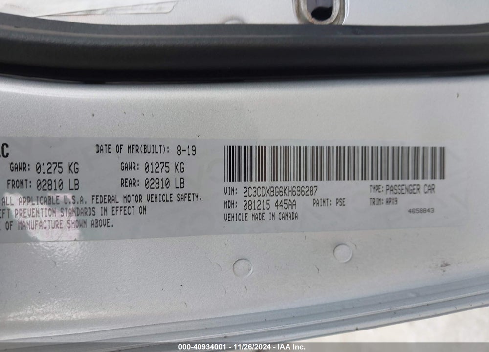 2019 DODGE CHARGER VIN: 2C3CDXBG6KH696287