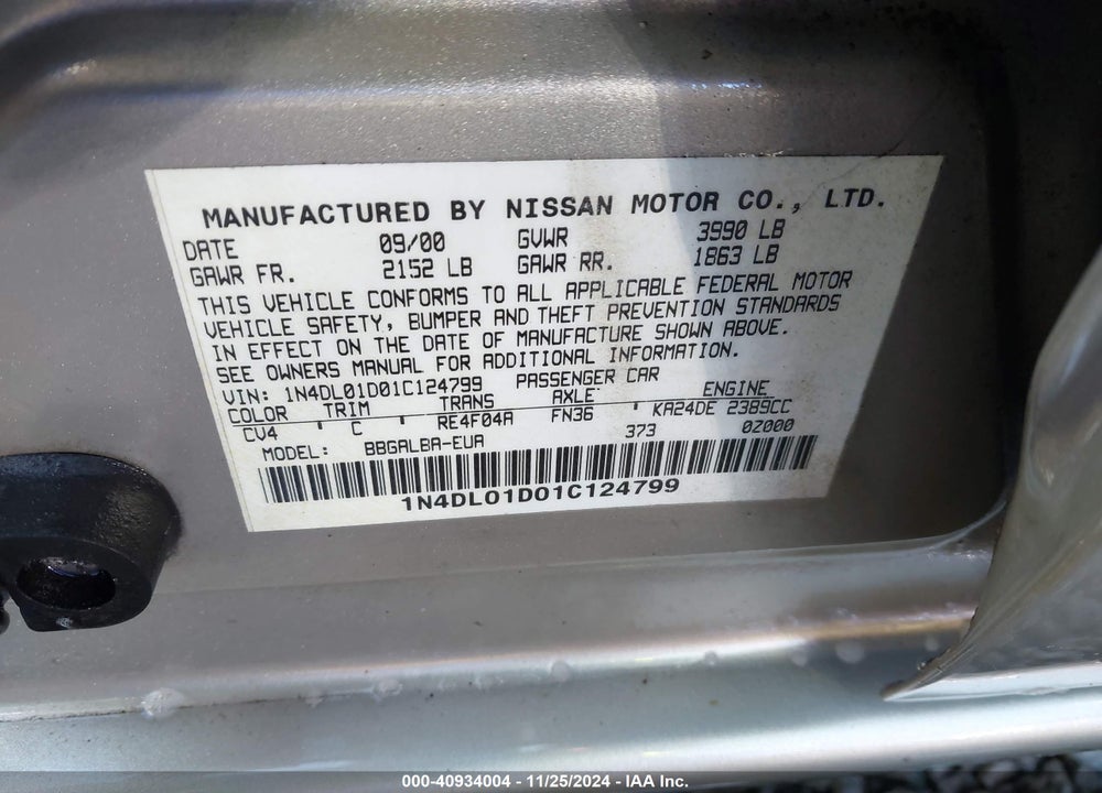 2001 NISSAN ALTIMA GXE VIN: 1N4DL01D01C124799