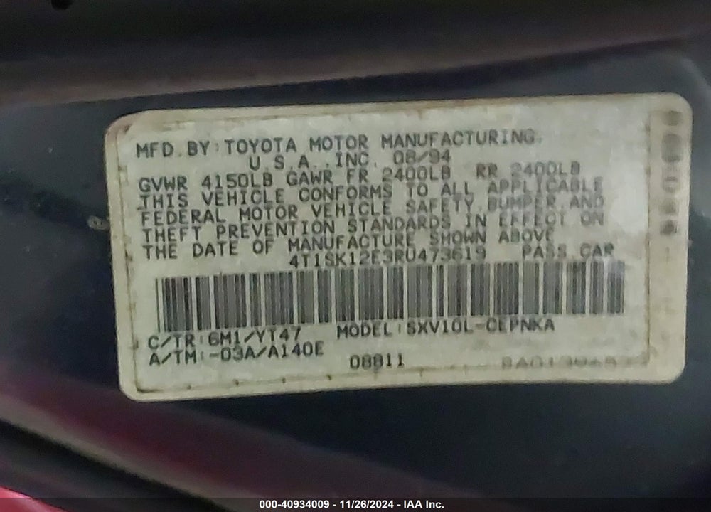 1994 TOYOTA CAMRY LE VIN: 4T1SK12E3RU473619