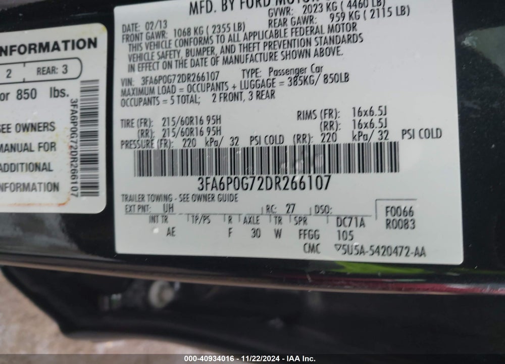 2013 FORD FUSION S VIN: 3FA6P0G72DR266107
