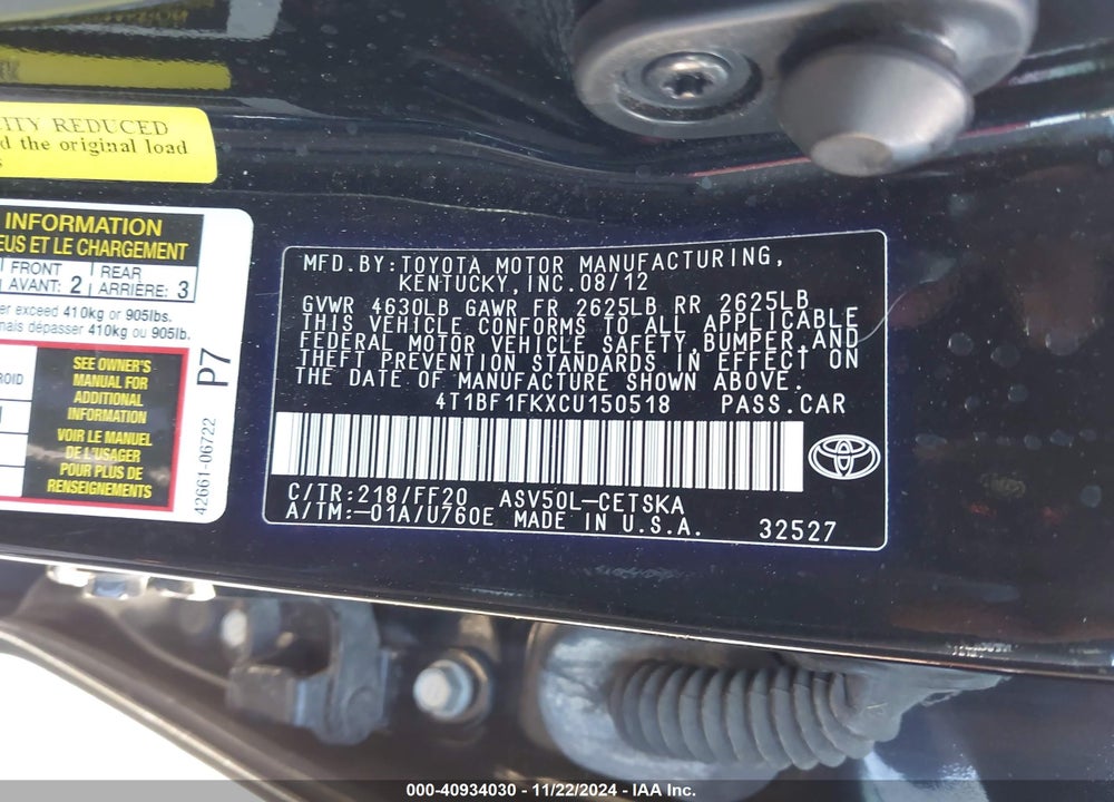 2012 TOYOTA CAMRY SE VIN: 4T1BF1FKXCU150518