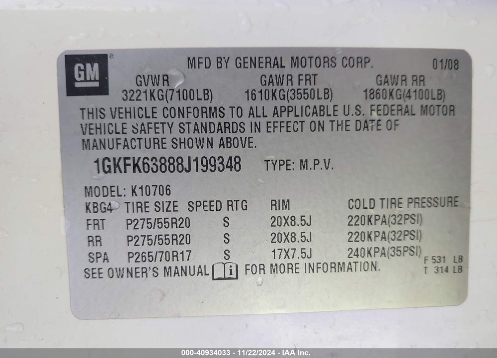 2008 GMC YUKON DENALI VIN: 1GKFK63888J199348