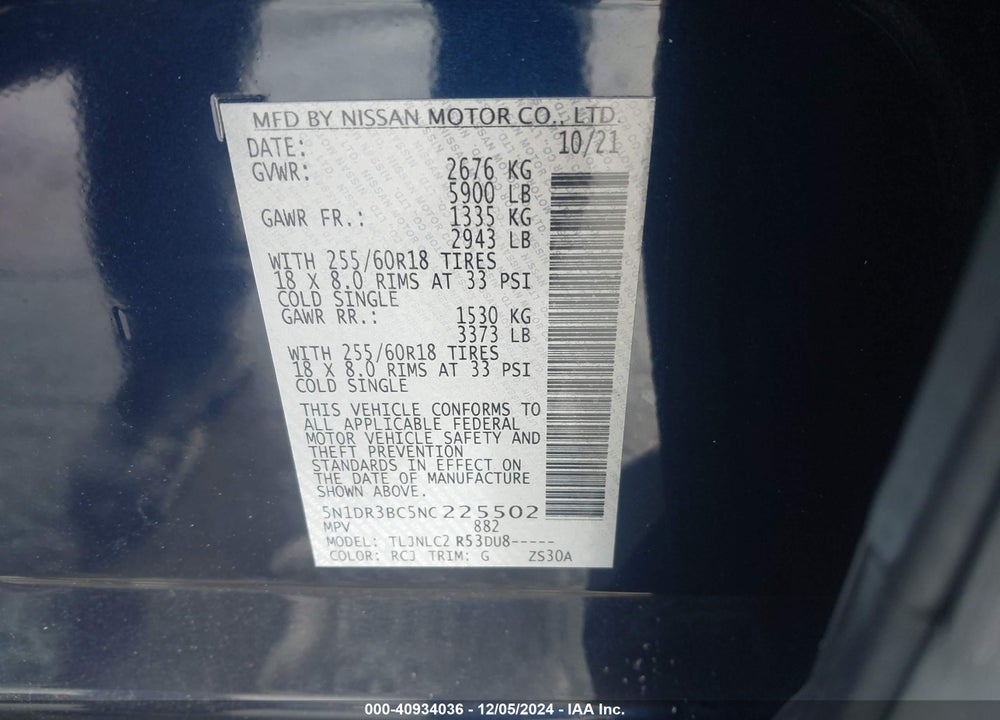 2022 NISSAN PATHFINDER SV 4WD VIN: 5N1DR3BC5NC225502