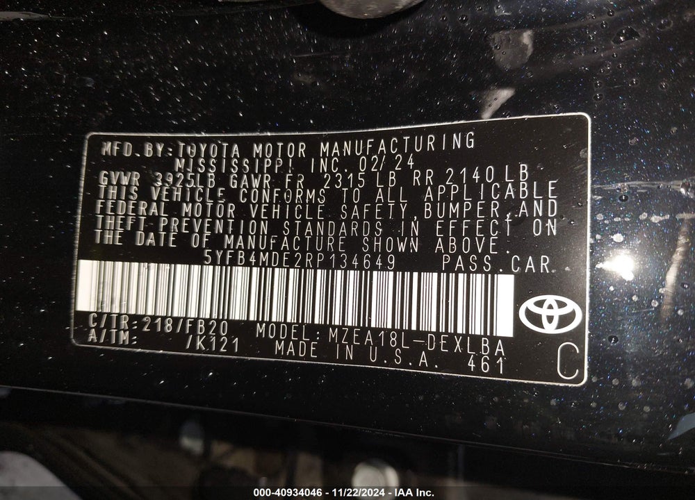 2024 TOYOTA COROLLA LE VIN: 5YFB4MDE2RP134649