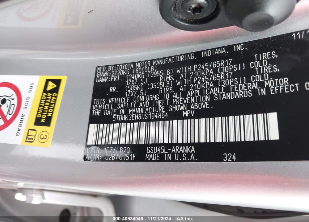 2013 TOYOTA HIGHLANDER PLUS/SE VIN: 5TDBK3EH8DS194864