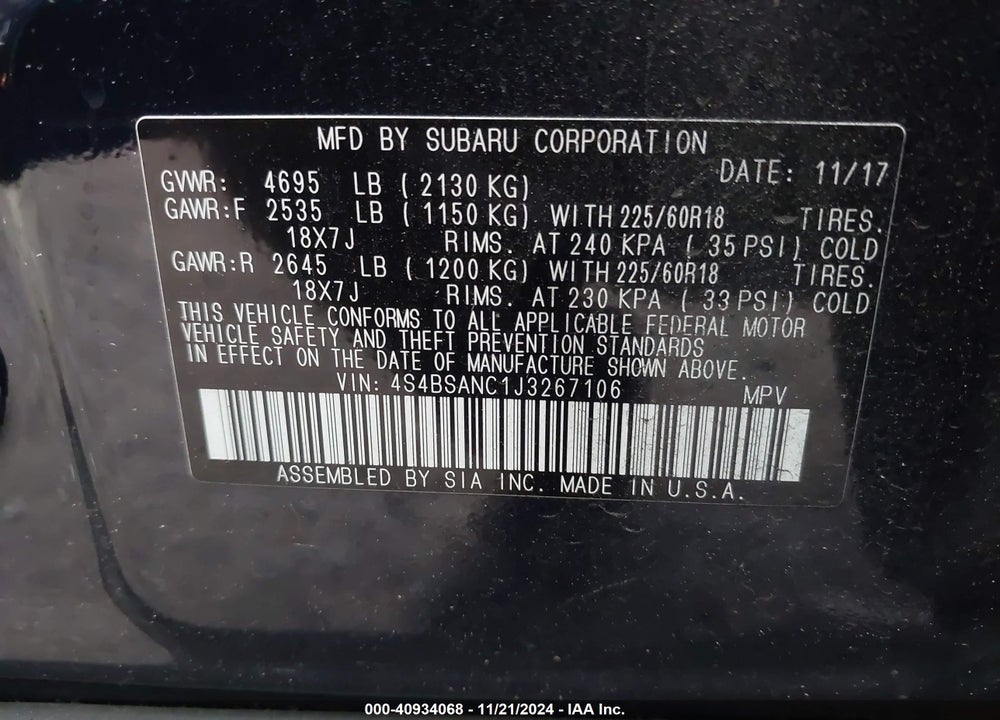 2018 SUBARU OUTBACK 2.5I LIMITED VIN: 4S4BSANC1J3267106
