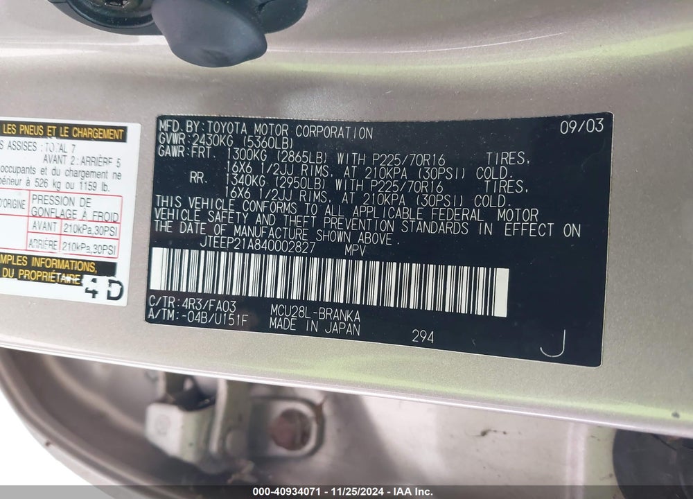 2004 TOYOTA HIGHLANDER V6 VIN: JTEEP21A840002827