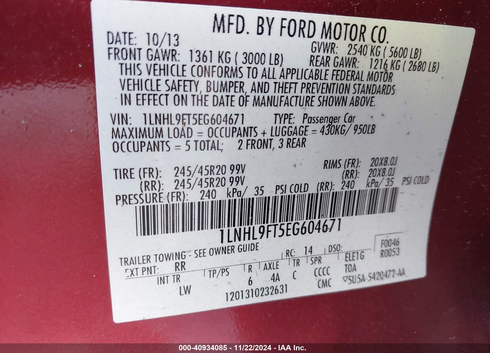 2014 LINCOLN MKS ECOBOOST VIN: 1LNHL9FT5EG604671