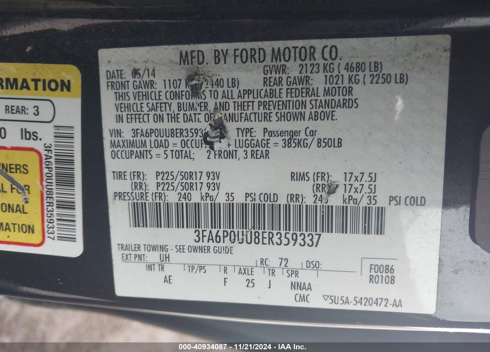 2014 FORD FUSION HYBRID S VIN: 3FA6P0UU8ER359337