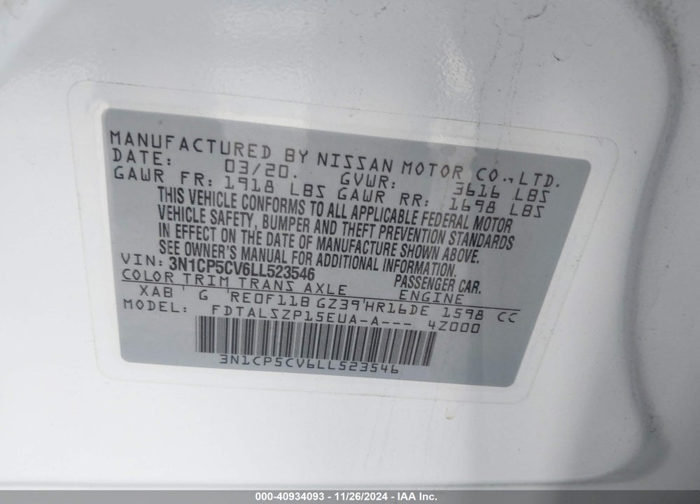 2020 NISSAN KICKS SV XTRONIC CVT VIN: 3N1CP5CV6LL523546
