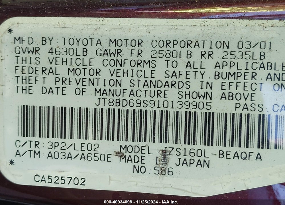 2001 LEXUS GS 300 VIN: JT8BD69S910139905