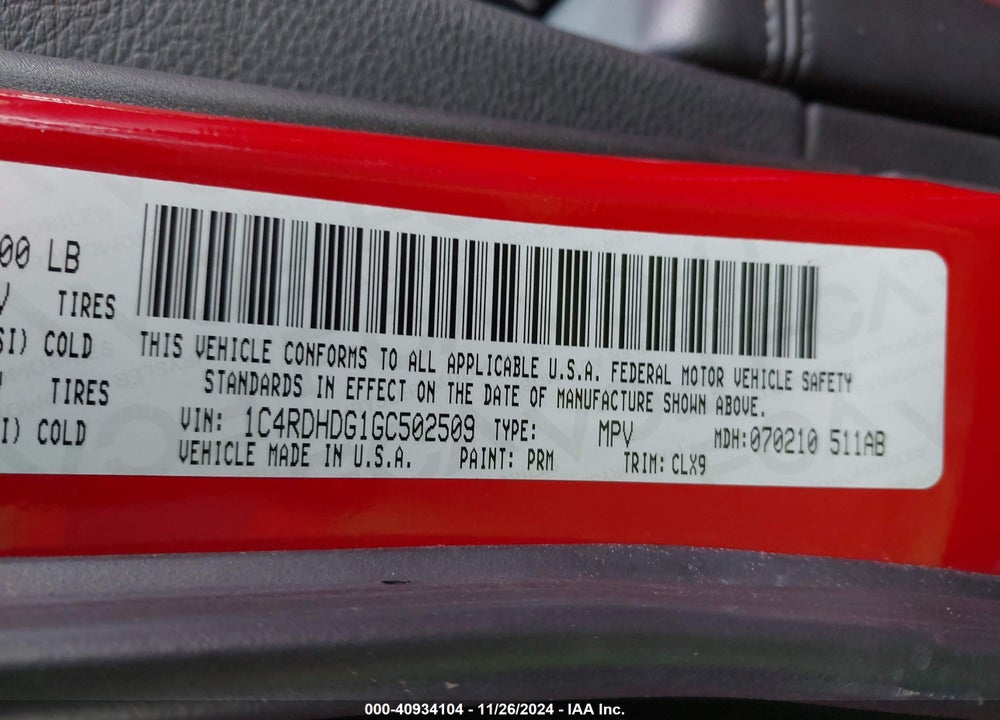 2016 DODGE DURANGO LIMITED VIN: 1C4RDHDG1GC502509