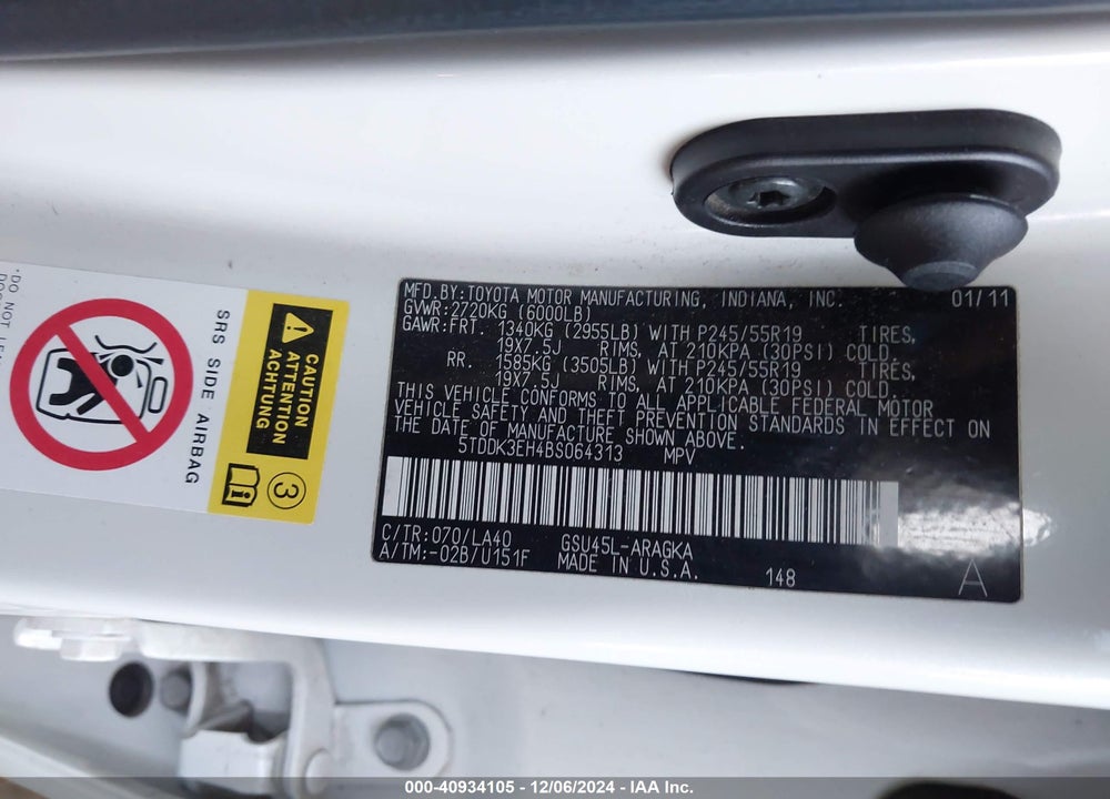 2011 TOYOTA HIGHLANDER VIN: 5TDDK3EH4BS064313
