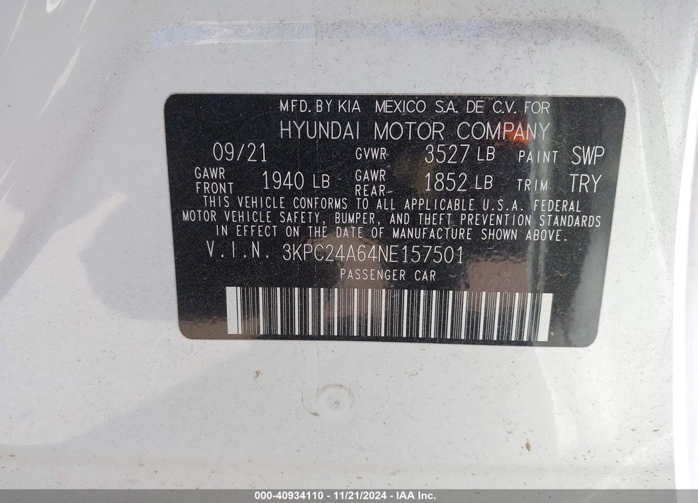 2022 HYUNDAI ACCENT SE VIN: 3KPC24A64NE157501