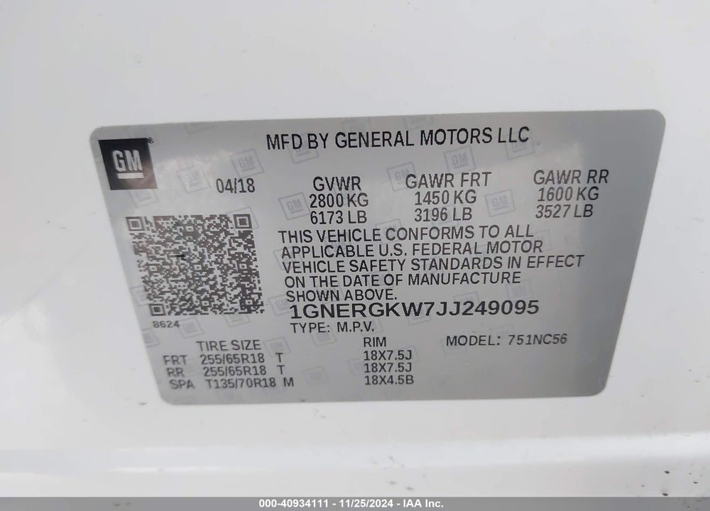 2018 CHEVROLET TRAVERSE 1LT VIN: 1GNERGKW7JJ249095
