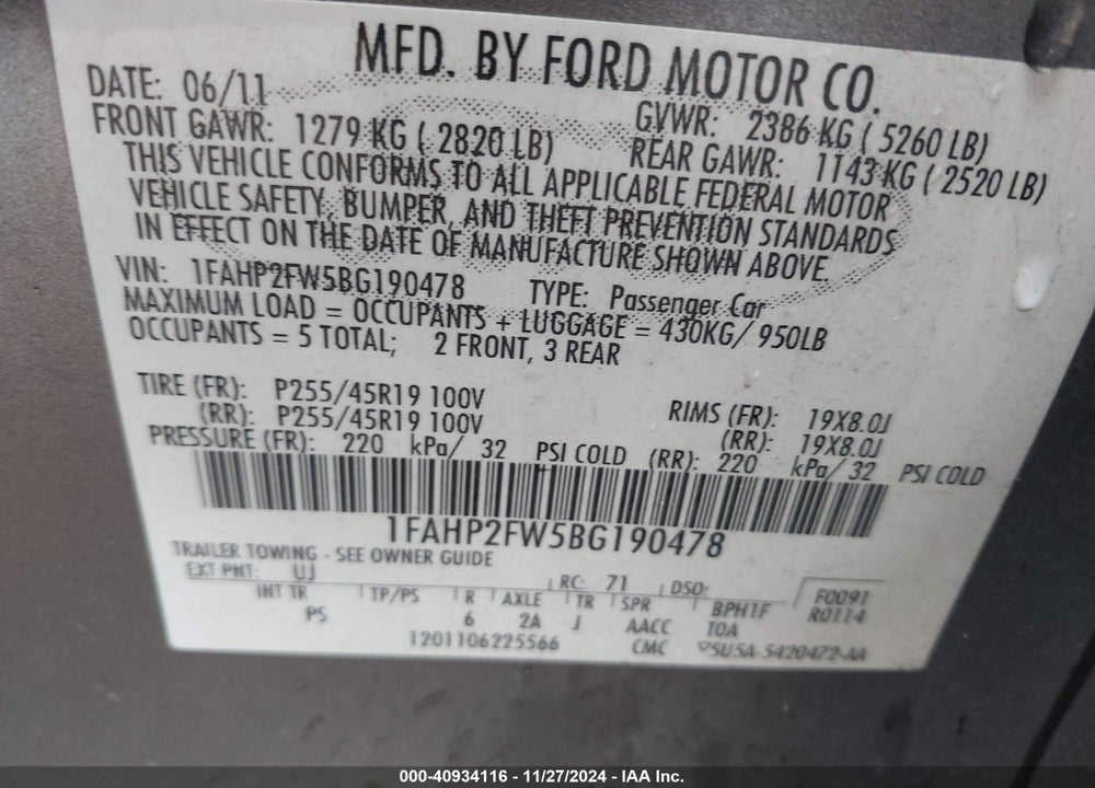 2011 FORD TAURUS LIMITED VIN: 1FAHP2FW5BG190478