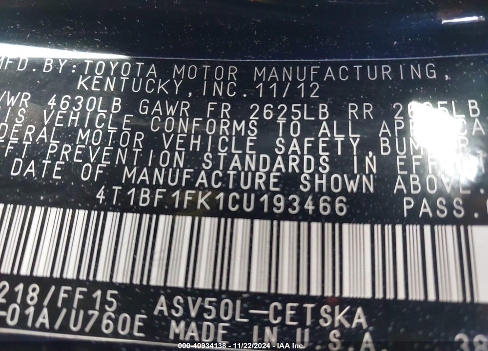 2012 TOYOTA CAMRY L/LE/SE/SE LIMITED EDITION/XLE VIN: 4T1BF1FK1CU193466