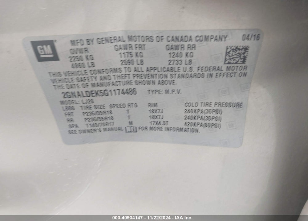 2016 CHEVROLET EQUINOX LTZ VIN: 2GNALDEK5G1174486