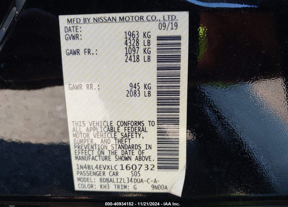 2020 NISSAN ALTIMA SL FWD VIN: 1N4BL4EVXLC160732