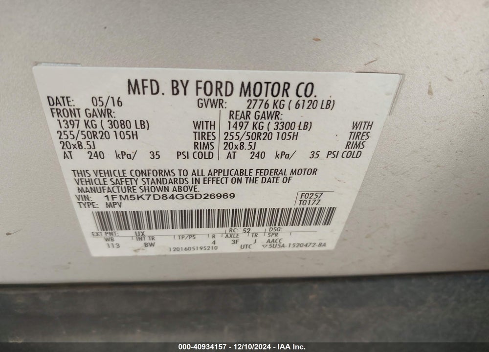 2016 FORD EXPLORER XLT VIN: 1FM5K7D84GGD26969