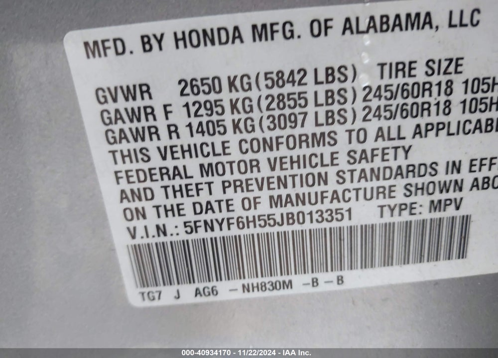 2018 HONDA PILOT EX-L VIN: 5FNYF6H55JB013351