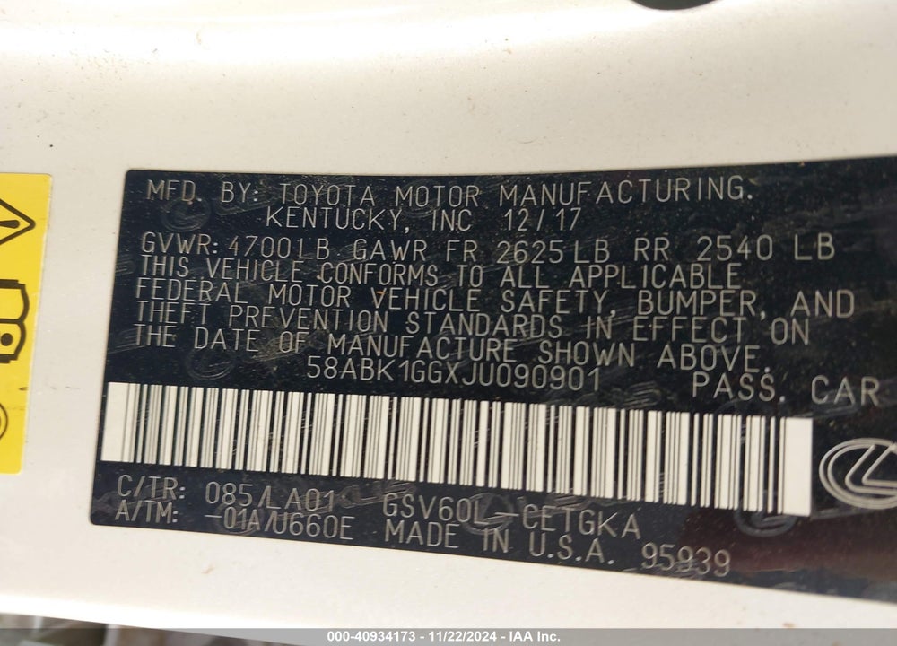 2018 LEXUS ES 350 VIN: 58ABK1GGXJU090901