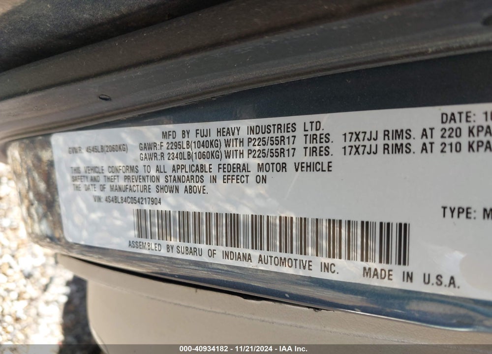 2005 SUBARU OUTBACK 3.0R VIN: 4S4BL84C054217904