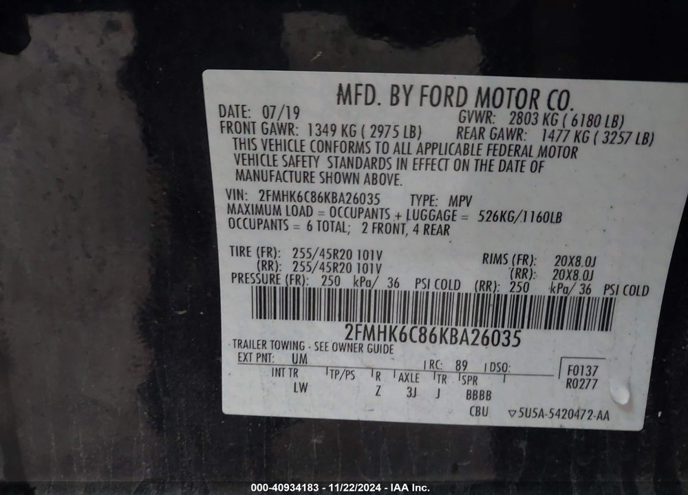 2019 FORD FLEX SEL VIN: 2FMHK6C86KBA26035