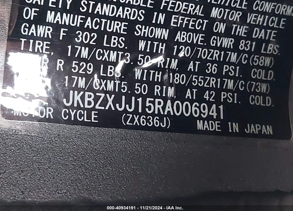 2024 KAWASAKI ZX636 K VIN: JKBZXJJ15RA006941