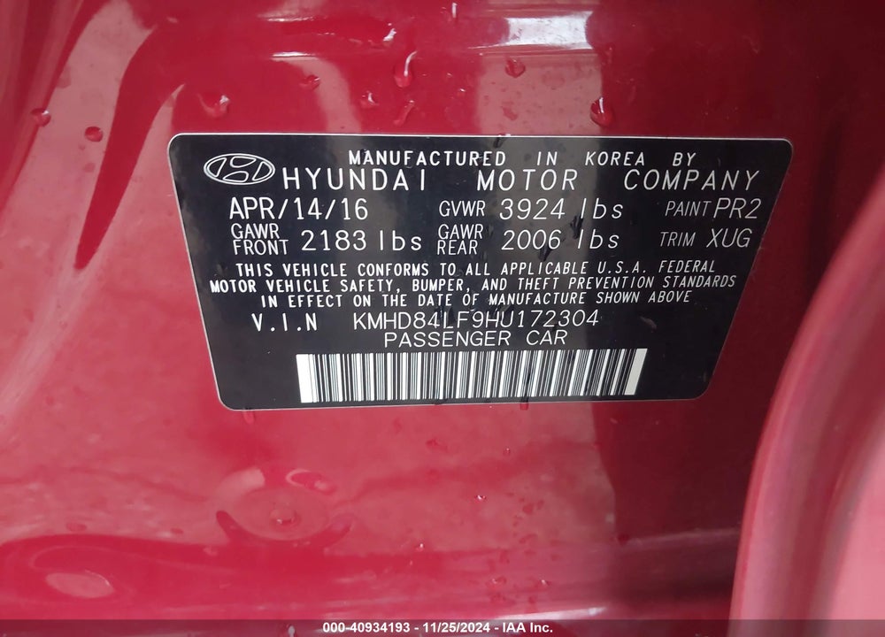 2017 HYUNDAI ELANTRA SE VIN: KMHD84LF9HU172304