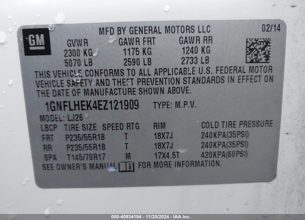 2014 CHEVROLET EQUINOX LTZ VIN: 1GNFLHEK4EZ121909